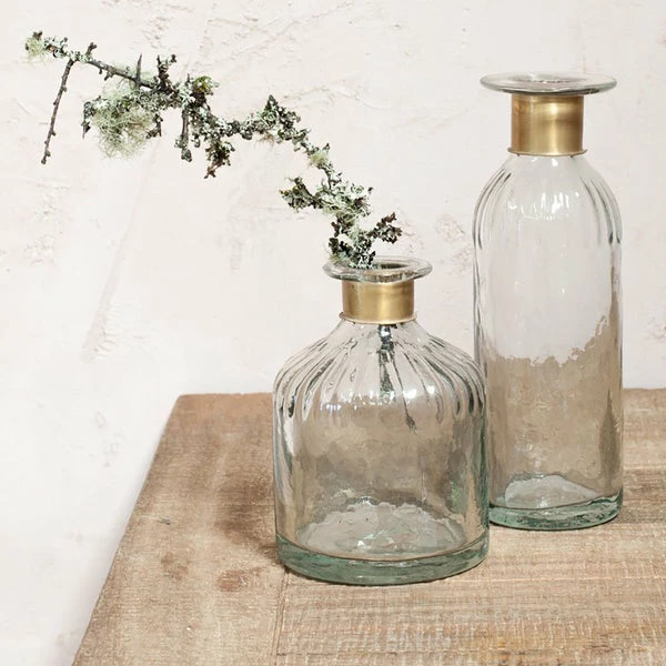 Nkuku Clear & Antique Brass Small Hammered Bottle Vase 1 Nkuku Clear & Antique Brass Small Hammered Bottle Vase