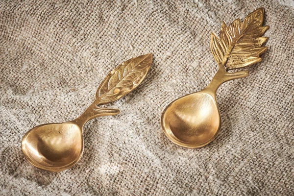 Nkuku Short Brass Leaf Spoons Set Of 2 2 Nkuku Short Brass Leaf Spoons Set Of 2