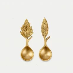 Nkuku Antique Brass Leaf Short Spoons Small Set Of 2