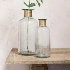 Nkuku Chara Hammered Bottle - Clear Glass & Antique Brass- large